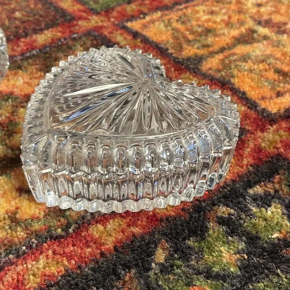 2 Clear Heavy Cut Glass Heart Shaped Trinket Vanity Box and Dish
